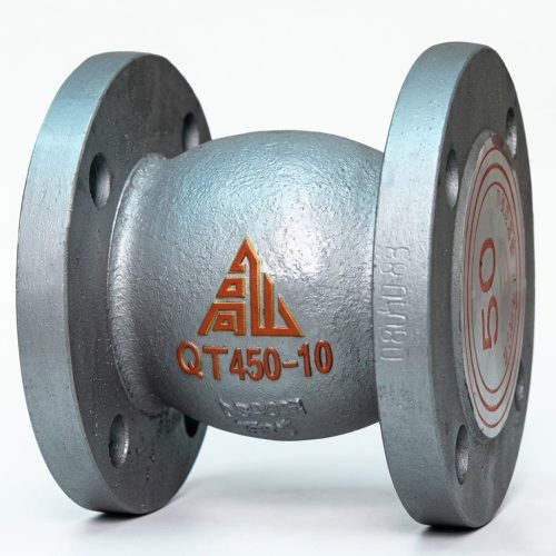 H42F消声止回阀01-1.jpg H42F-16Q silent check valve structure drawing showing flanged ductile iron body, guided vertical lift disc with spring assist, bonnet assembly, and flow direction arrow