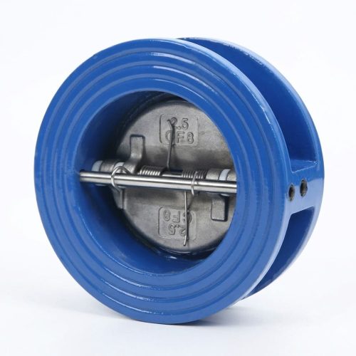 H76X止回阀 H76X wafer double disc swing check valve rubber sealed structure drawing showing wafer body, two half-discs with rubber sealing rings, center hinge pins, spring assist mechanism and flow direction arrow