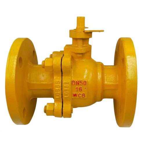 RQ41F燃气球阀02 RQ41F gas ball valve structure drawing showing split-body WCB cast steel construction with flanged end connections, red extended lever handle, floating ball with reinforced PTFE seat rings, anti-blowout stem with PTFE packing, and bonnet bolt pattern