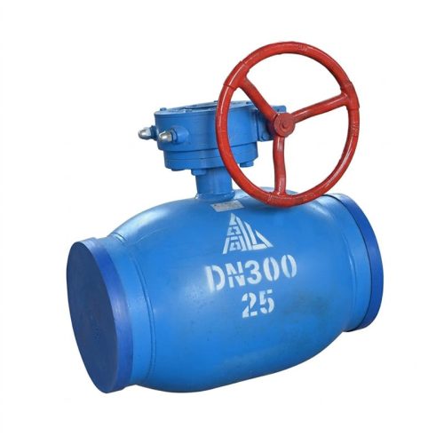 焊接球阀02 Welded ball valve structure showing four variants: lever handle reduced bore with carbon steel body and yellow-capped welded ends, worm gear full bore with blue carbon steel body and handwheel, compact lever handle model, and large DN worm gear model with support legs, featuring floating Ss304 ball, PTFE+20%GC seat rings, 2Cr13 stem with anti-blowout design, dish spring preloading system, and butt-welded end connections with dimension annotations